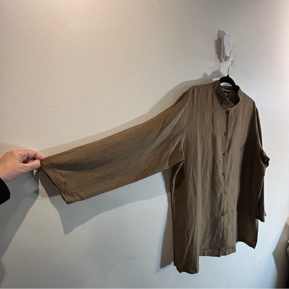 EILEEN FISHER Sz XL Linen Blend Madarin Collar Loose Long Line Buttoned Jacket - Picture 5 of 8
